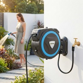 Outsunny Derulator Furtun Udare Montat pe Perete 14+1,5 m cu Blocare și Adaptoare, Rotativ 180°, 12 Moduri, 49x15x37cm, Albastru | Aosom Romania