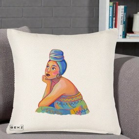Perna Decorativa Portret Femeie Contemplativa, 40x40 cm, Crem Reliefat, Husa Detasabila, Perna Inclusa, BEKZ®