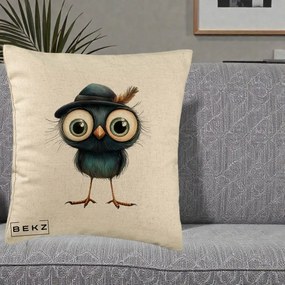 Perna Decorativa Pui Misterios cu Palarie Neagra, 40x40 cm, Bej, Husa Detasabila, Perna Inclusa, BEKZ®