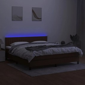 Pat cu arcuri, saltea si LED, maro inchis, 160x200 cm, textil Maro inchis, 160 x 200 cm, Benzi verticale