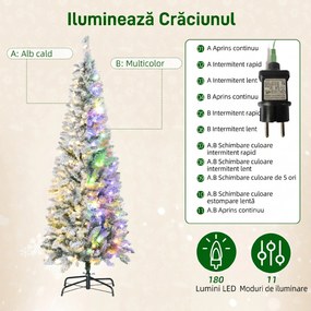 HOMCOM Brad de Crăciun Înzăpezit cu 180 de Lumini LED cu 11 Efecte și 479 de Ramuri, Ø65x180 cm, Verde și Alb | Aosom Romania