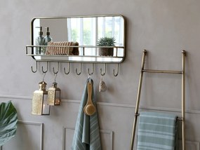 Oglindă cu raft și 8 agățători, din metal și sticlă, finisaj alamă antichizată, H 44.5 cm