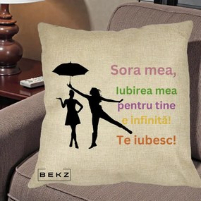 Cadou pentru Sora - Perna Personalizata Sora Mea Te Iubesc Siluete Colorate Umbrela, 40x40 cm, Crem, Husa Detasabila, Perna Inclusa, BEKZ®
