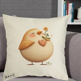 Perna Decorativa Pui cu Inima si Floarea-Soarelui, 40x40 cm, Ecru, Husa Detasabila, Perna Inclusa, BEKZ®