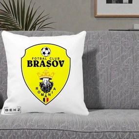 Perna Personalizata FC Brasov Fotbal Romania, 40x40 cm, Alba Mata, Husa Detasabila, Perna Inclusa, BEKZ®