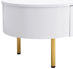 Masă de cafea cu 2 sertare, colțuri rotunjite, mânere și picioare aurii, 108x50x40 cm, Alb