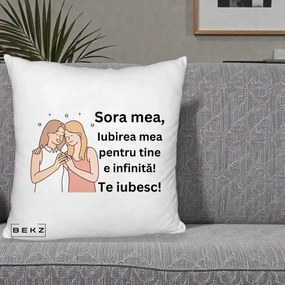 Cadou pentru Sora - Perna Personalizata Sora Mea Te Iubesc Imbratisare cu Sclipiri, 40x40 cm, Alb Pufos, Husa Detasabila, Perna Inclusa, BEKZ®