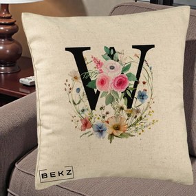 Cadou Personalizat - Perna Personalizata Monograma Florala Litera W, 40x40 cm, Bej, Husa Detasabila, Perna Inclusa, BEKZ®