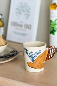 Cană din ceramică bej cu decor pasăre și ramuri pictate manual, mâner în formă de coadă de pasăre, 8x9 cm, "Hezha"