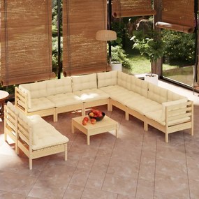 3096833 vidaXL Set mobilier grădină cu perne crem, 10 piese, lemn masiv de pin