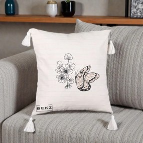 Perna Decorativa Fluture si Flori Linie Monocroma, 40x40 cm, Bej cu Franjuri, Husa Detasabila, Perna Inclusa, BEKZ®