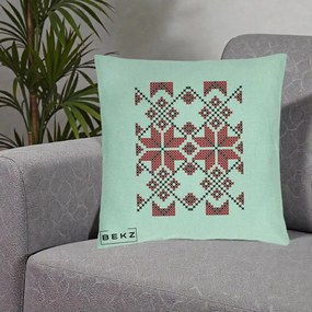 Perna Personalizata Motiv Traditional Cusatura Rosu-Negru, 40x40 cm, Verde Menta, Husa Detasabila, Perna Inclusa, BEKZ®