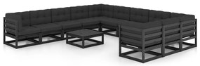 vidaXL Set mobilier de grădină cu perne12 piese, negru, lemn masiv pin
