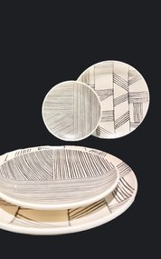 Set 12 Farfurii Ceramica (6 buc Desert 21cm, 6 buc Mari 26cm) Decorama Bej Deschis cu Pensulare Manuala Linii Neagre