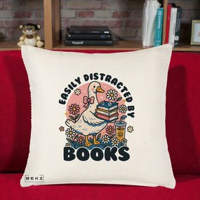 Perna Personalizata Easily Distracted by Books, 40x40 cm, Crem Reliefat, Husa Detasabila, Perna Inclusa, BEKZ®