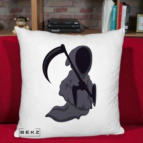 Perna Decorativa Moartea cu Coasa Grim Reaper Halloween, 40x40 cm, Alb Pufos, Husa Detasabila, Perna Inclusa, BEKZ®