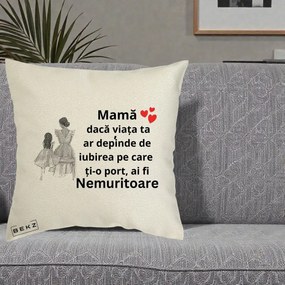 Cadou pentru Mama - Perna Personalizata Mama Nemuritoare Line Art, 40x40 cm, Ecru, Husa Detasabila, Perna Inclusa, BEKZ®