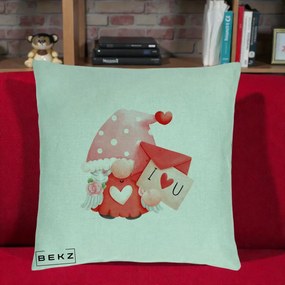 Cadou Romantic - Perna Personalizata I Love You Gnome Valentine cu Scrisoare, 40x40 cm, Verde Menta, Husa Detasabila, Perna Inclusa, BEKZ®