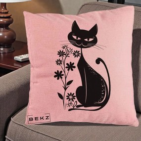Perna Decorativa Pisica Neagra Grafica Minimalista, 40x40 cm, Roz, Husa Detasabila, Perna Inclusa, BEKZ®