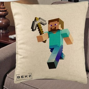Perna Personalizata Minecraft Steve cu Tarnacop, 40x40 cm, Bej, Husa Detasabila, Perna Inclusa, BEKZ®
