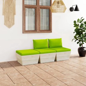 Set mobilier de gradina din paleti, 3 piese, cu perne, lemn de molid verde aprins, 2x mijloc + suport pentru picioare, 1