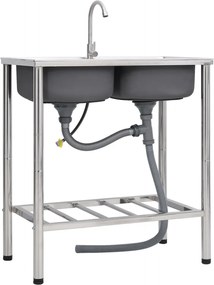 vidaXL Chiuvetă de camping, cuvă dublă, cu robinet, oțel inoxidabil