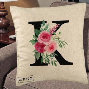 Cadou Personalizat - Perna Personalizata Monograma Florala Litera K, 40x40 cm, Bej, Husa Detasabila, Perna Inclusa, BEKZ®