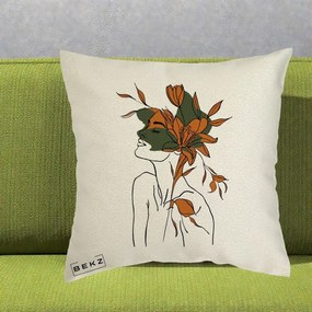 Perna Decorativa Portret Feminin Crin Auriu, 40x40 cm, Ecru, Husa Detasabila, Perna Inclusa, BEKZ®