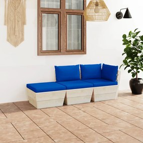 Set mobilier gradina din paleti cu perne, 3 piese, lemn molid Albastru, colt + mijloc + suport pentru picioare, 1