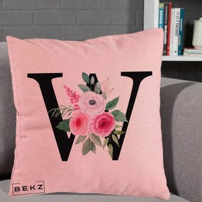 Cadou Personalizat - Perna Personalizata Monograma Florala Litera W cu Trandafiri si Anemona, 40x40 cm, Roz, Husa Detasabila, Perna Inclusa, BEKZ®