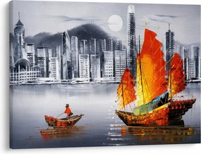 Tablou - Victoria Harbour, Hong Kong, pictură în ulei alb- negru (70x50 cm)