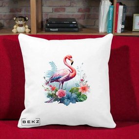 Perna Decorativa Flamingo cu Flori Tropicale Acuarela, 40x40 cm, Alba Mata, Husa Detasabila, Perna Inclusa, BEKZ®