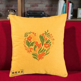 Perna Decorativa Inima Florala Botanica, 40x40 cm, Galben, Husa Detasabila, Perna Inclusa, BEKZ®