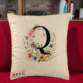 Cadou Personalizat - Perna Personalizata Monogram Litera Q cu Flori Acuarela, 40x40 cm, Bej, Husa Detasabila, Perna Inclusa, BEKZ®