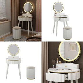 SEA459 - Set Masa toaleta 60 cm cosmetica machiaj, oglinda cu LED, masuta vanity, cu taburet - Alb