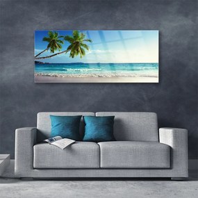 Tablouri acrilice Palm Trees Sea Beach Peisaj Brun Verde Gri Albastru
