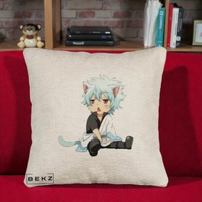 Perna Personalizata Gintama Gintoki Chibi Pisica, 40x40 cm, Bej Canapea, Husa Detasabila, Perna Inclusa, BEKZ®
