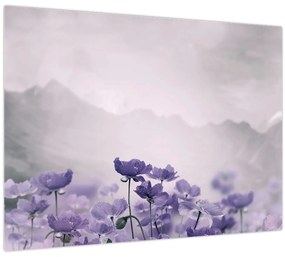 Tablou pe sticlă - Flori mov în munți (70x50 cm)