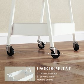 HOMCOM Cărucior de Bucătărie cu 3 Niveluri, Roți Pivotante, Mânere și Frâne, 42,4x29,8x74,5 cm, Alb | Aosom Romania