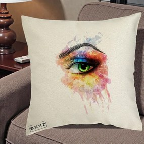 Perna Decorativa Ochi Verde Acuarela, 40x40 cm, Ecru, Husa Detasabila, Perna Inclusa, BEKZ®