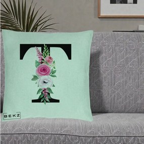 Cadou Personalizat - Perna Personalizata Monograma Florala Litera T, 40x40 cm, Verde Menta, Husa Detasabila, Perna Inclusa, BEKZ®