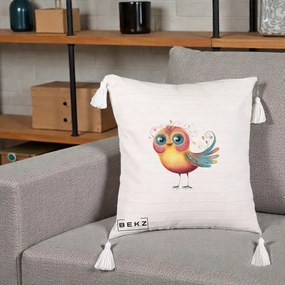 Perna Decorativa Pasare Vibranta cu Aripi Ornamentale, 40x40 cm, Bej cu Franjuri, Husa Detasabila, Perna Inclusa, BEKZ®