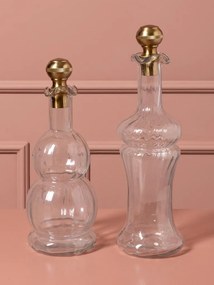 Set 2 sticle decorative din sticlă canelată cu capac sferic din alamă antichizată, 33 × 10 cm, „Flacon"