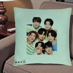 Perna Personalizata K-pop BTS Bangtan Boys Portret Grup Fanart, 40x40 cm, Verde Menta, Husa Detasabila, Perna Inclusa, BEKZ®