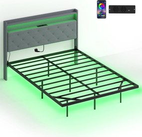 HOMCOM Cadru de pat 140 x 190 cm cu somieră din oțel, pat dublu plutitor cu lumini LED RGB și stație de încărcare, gri | Aosom Romania