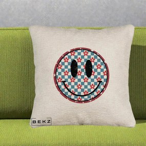 Perna Decorativa Smiley Face Checkered cu Floricele, 40x40 cm, Bej Canapea, Husa Detasabila, Perna Inclusa, BEKZ®