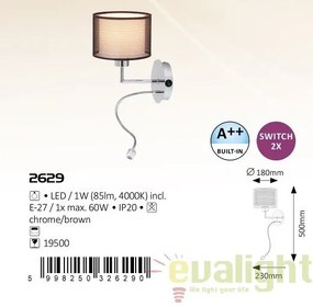 Aplica de perete cu reader LED design modern, finisaj crom/ maro, Anastasia 2629 RX