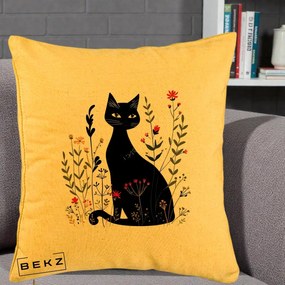 Perna Decorativa Pisica Neagra Botanica Rosu-Gri, 40x40 cm, Galben, Husa Detasabila, Perna Inclusa, BEKZ®