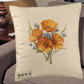 Perna Decorativa Maci Portocalii cu Floricele Albastre, 40x40 cm, Bej, Husa Detasabila, Perna Inclusa, BEKZ®