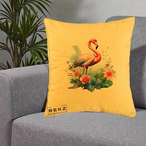 Perna Decorativa Flamingo cu Flori Tropicale Acuarela, 40x40 cm, Galben, Husa Detasabila, Perna Inclusa, BEKZ®